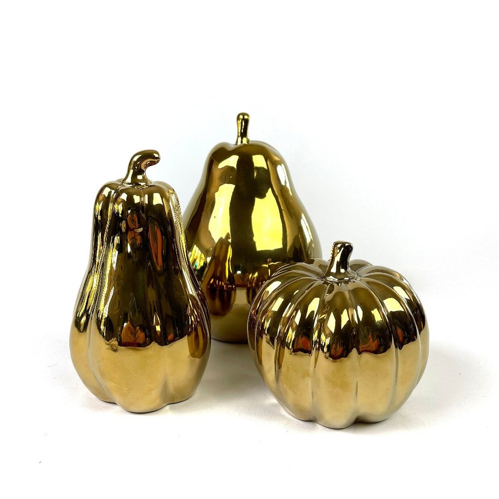 Gold Ceramic Pumpkin, Pear and Squash - Set of 3